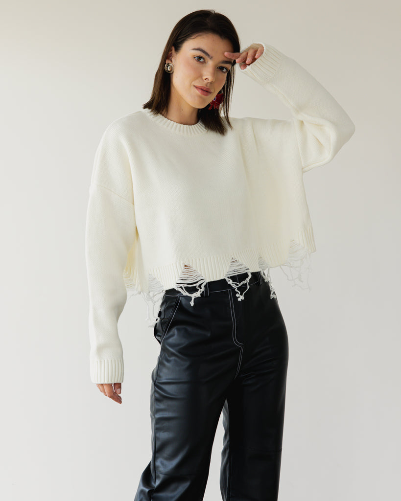 Fringed Sweater in Off White