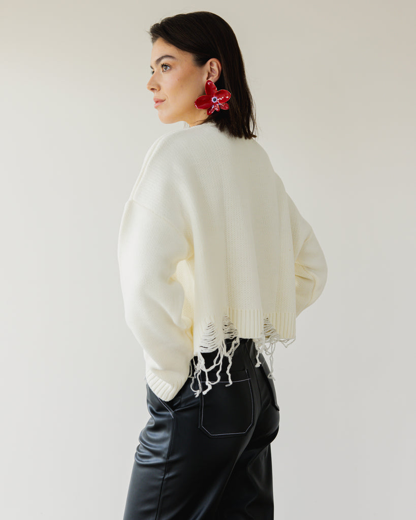 Fringed Sweater in Off White