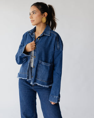 Raw-Hem Denim Jacket in Dark Blue