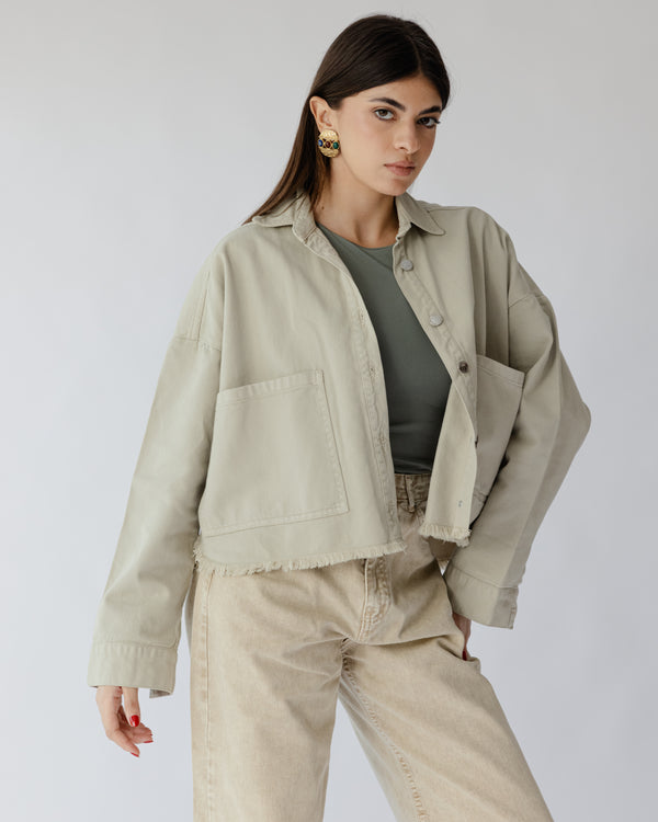 Raw-Hem Denim Jacket in Light Khaki