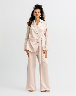 Satin Wrap Blazer Set in Nude