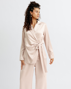 Satin Wrap Blazer Set in Nude