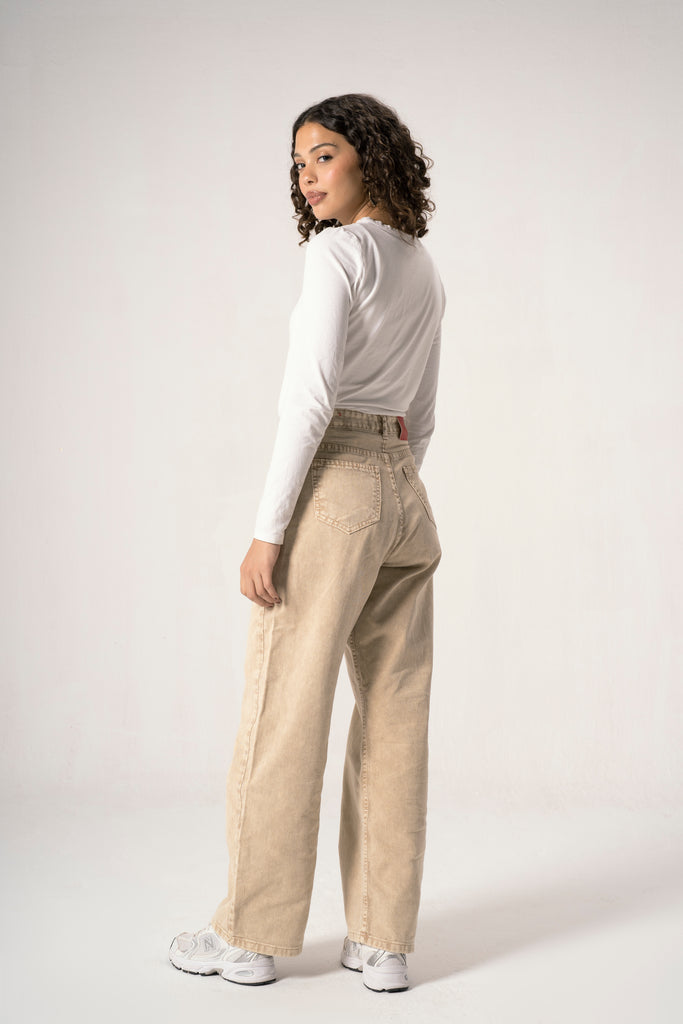 Wide Leg Denim Pants in Beige