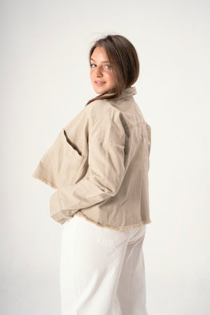 Raw-Hem Denim Jacket in Light Khaki