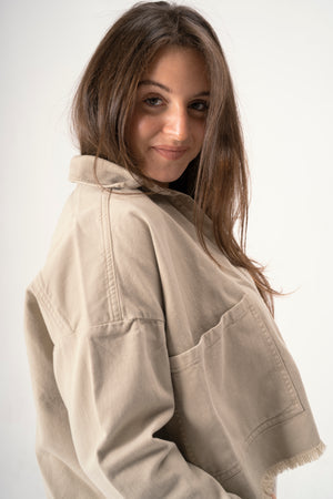 Raw-Hem Denim Jacket in Light Khaki