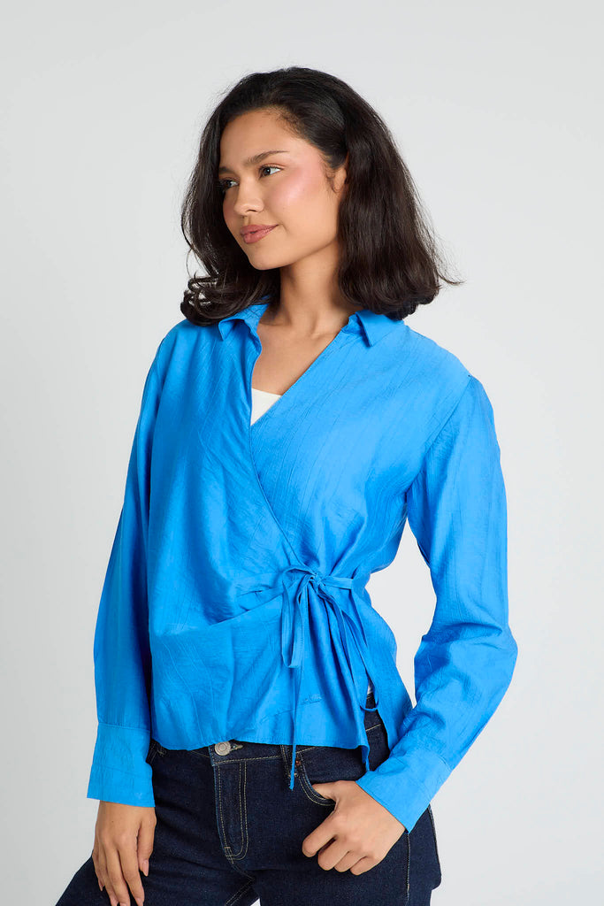 Crinkled Tie Wrap Shirt in Royal Blue