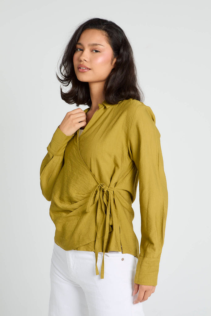 Crinkled Tie Wrap Shirt in Lime