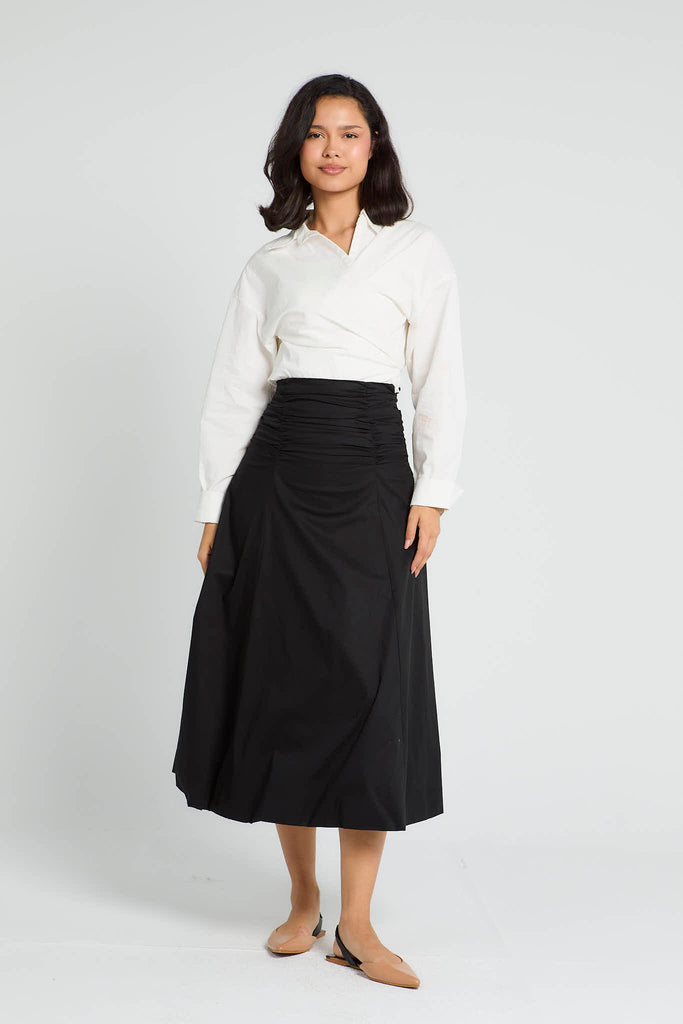 Ruched Poplin Skirt in Black