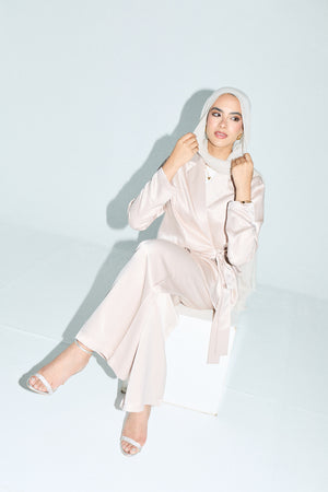 Satin Wrap Blazer Set in Nude